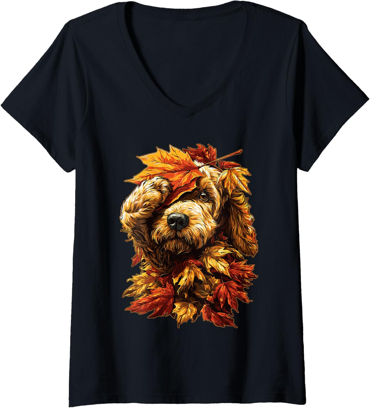 Women's Fall Goldendoodle with Maple Leaves Cute Autumn Dog V-Neck T-Shirt - Black
