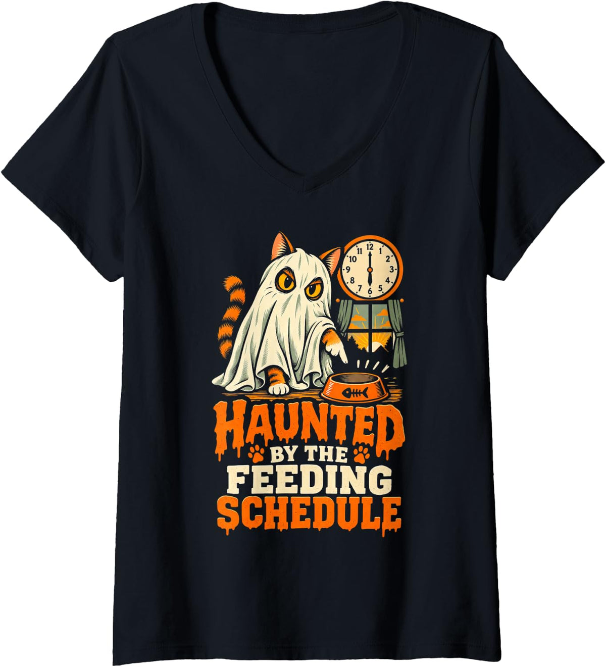 Women's Halloween Cat Funny Ghost Cat Lover V-Neck T-Shirt - Black