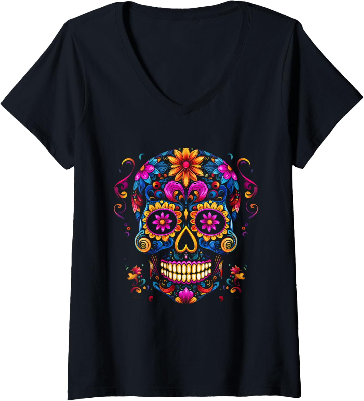 Womens Cinco De Mayo Sugar Skull Dia De Los Muertos Day Of Dead V-Neck T-Shirt - Black