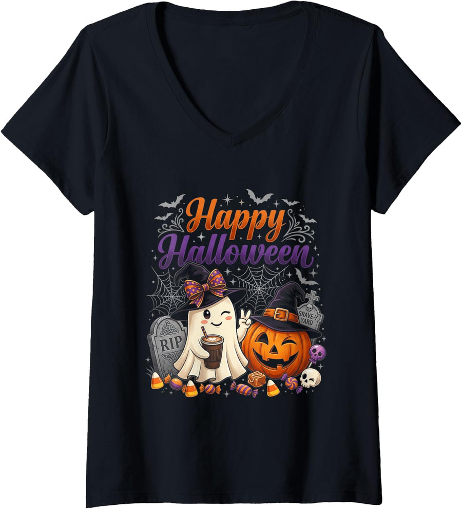 Women's Halloween Ghost and Jack O Lantern Pumpkin Coffee Lovers V-Neck T-Shirt - Black