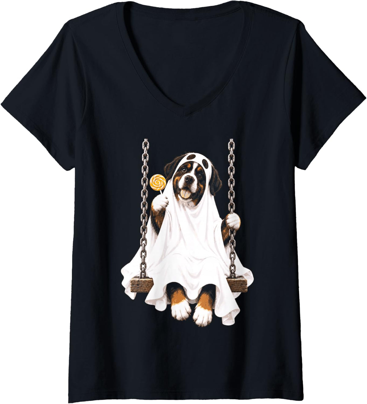Women's Halloween Bernese Mountain Dog Ghost Costume On Swing V-Neck T-Shirt - Black