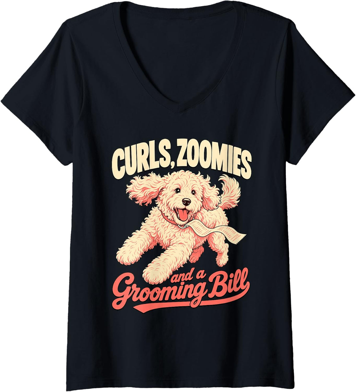 Women's Goldendoodle Dog Curls Zoomies and Grooming Bill V-Neck T-Shirt - Black