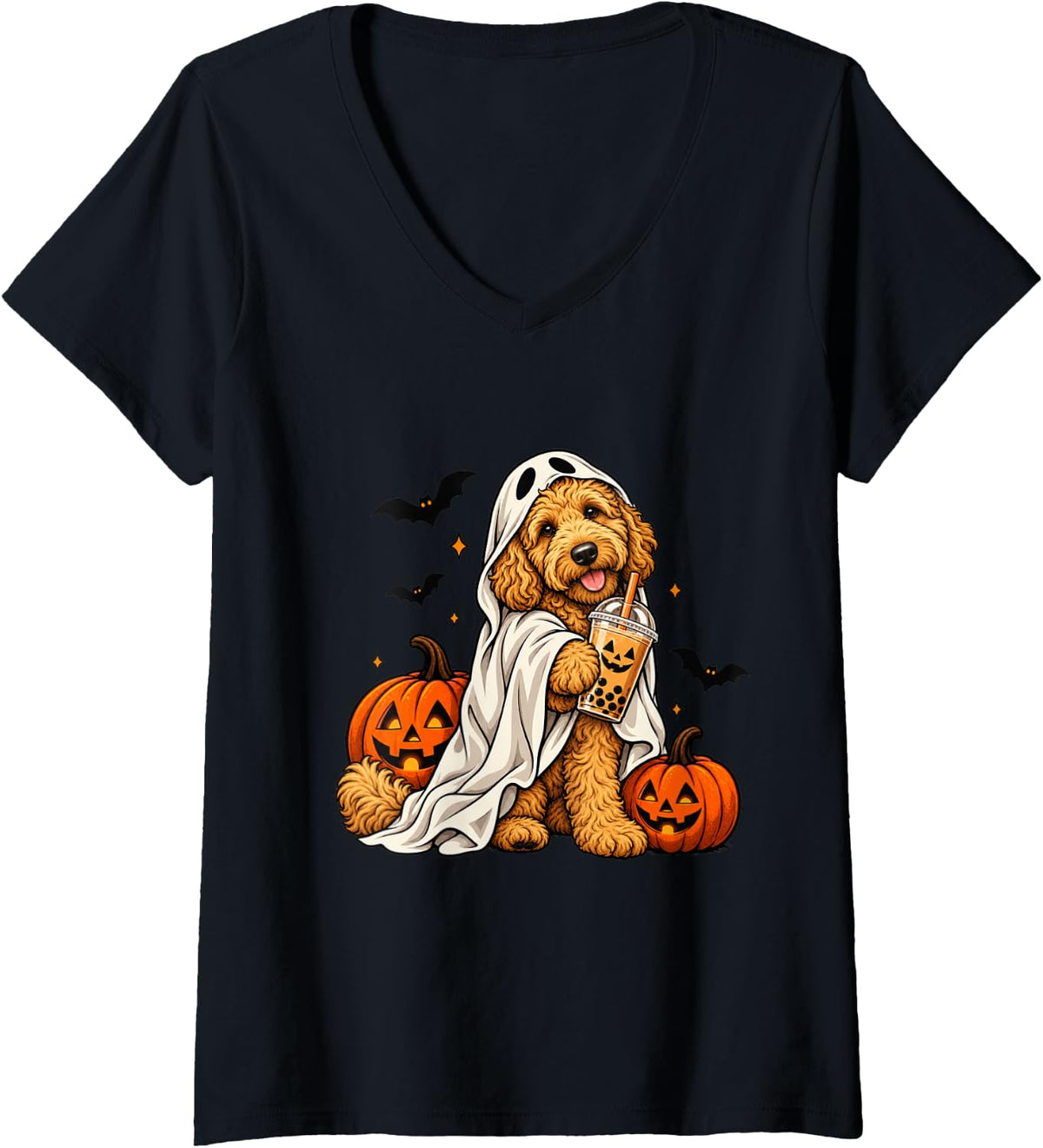 Women's Goldendoodle Ghost and Boba Cute Halloween Dog Humor V-Neck T-Shirt - Black