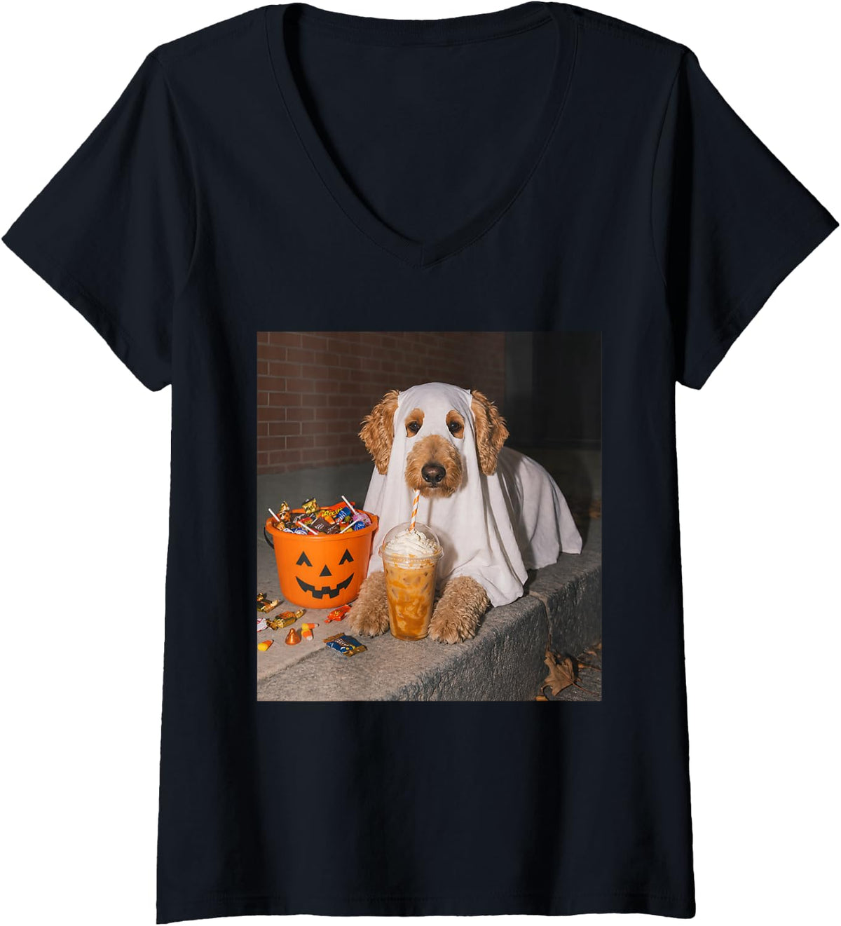 Women's Goldendoodle Dog Ghost Drinking Iced Coffee Halloween V-Neck T-Shirt - Black