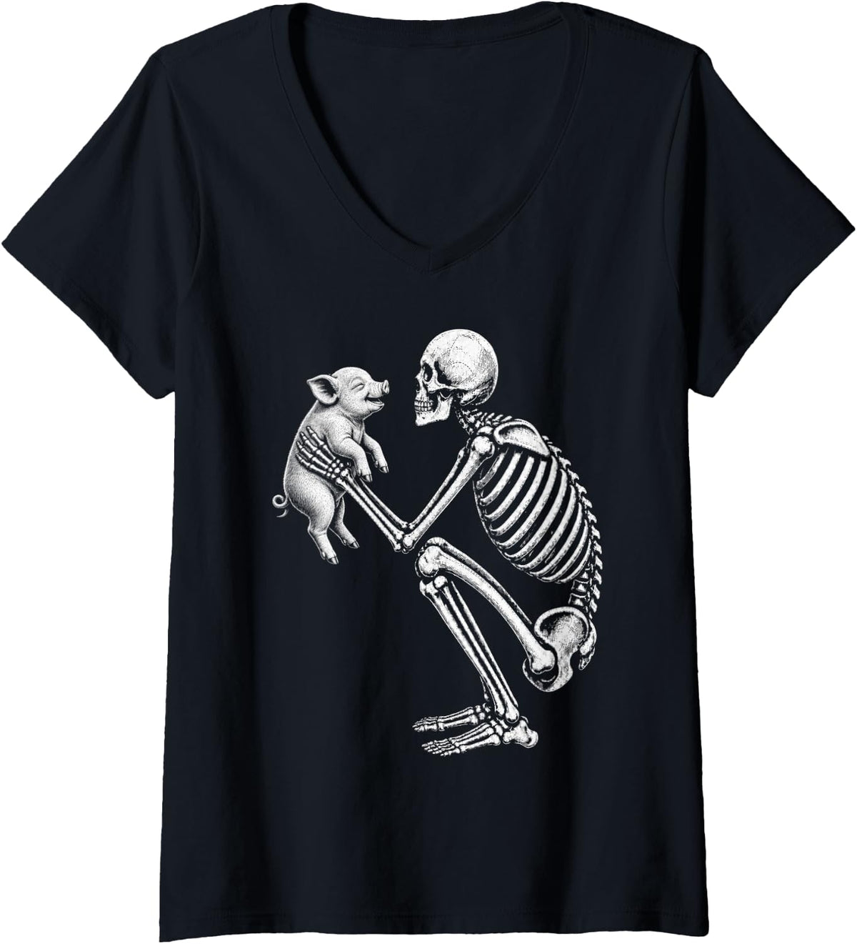 Women's Skeleton Holding Pig Retro Halloween V-Neck T-Shirt - Black