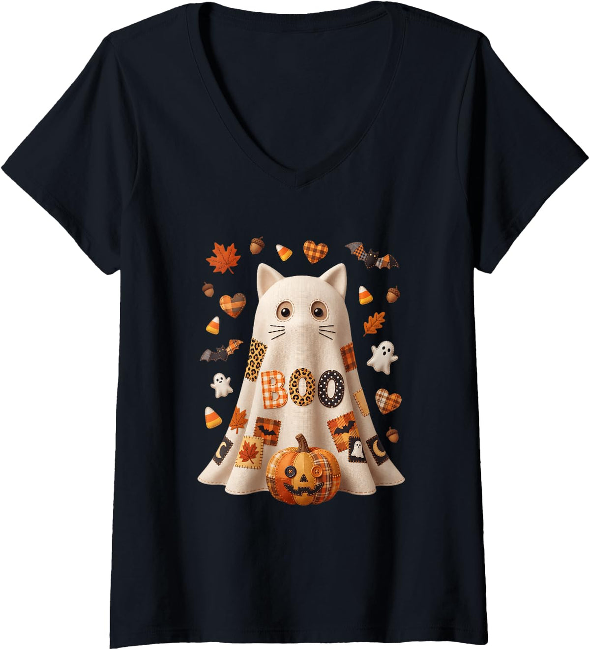 Women's Spooky Ghost Cat Pumpkin Fall Autumn Gift for Cat Lovers V-Neck T-Shirt - Black
