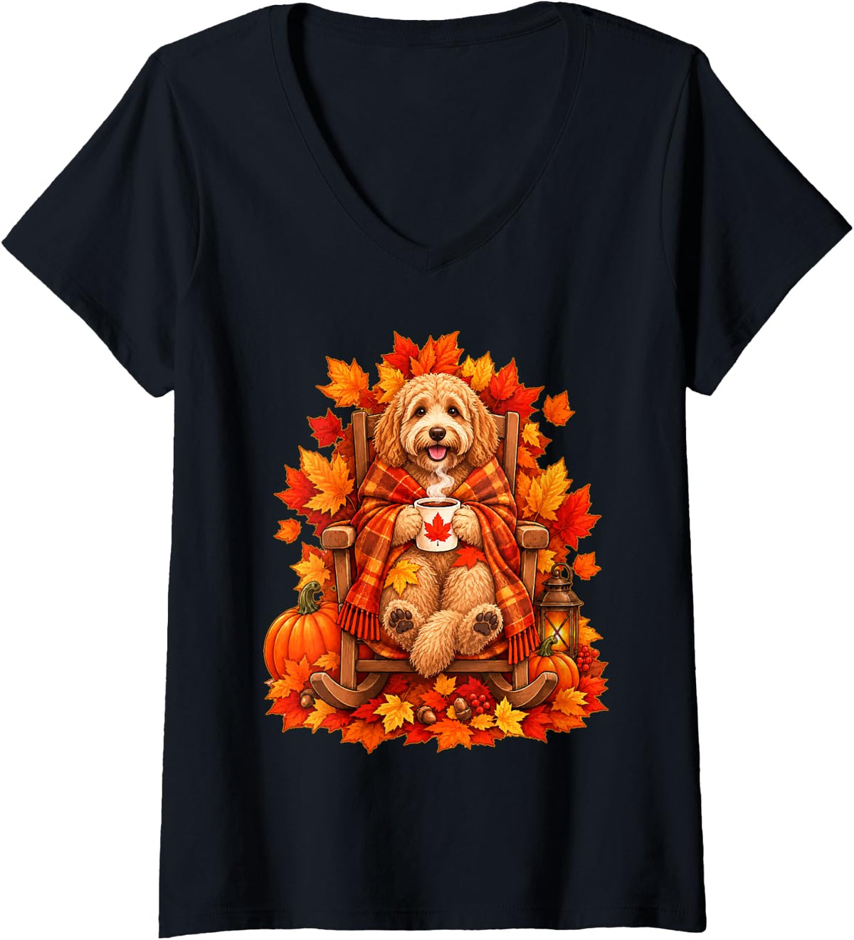 Women's Fall Goldendoodle with Maple Leaves Pumpkins Autumn Dog V-Neck T-Shirt - Black