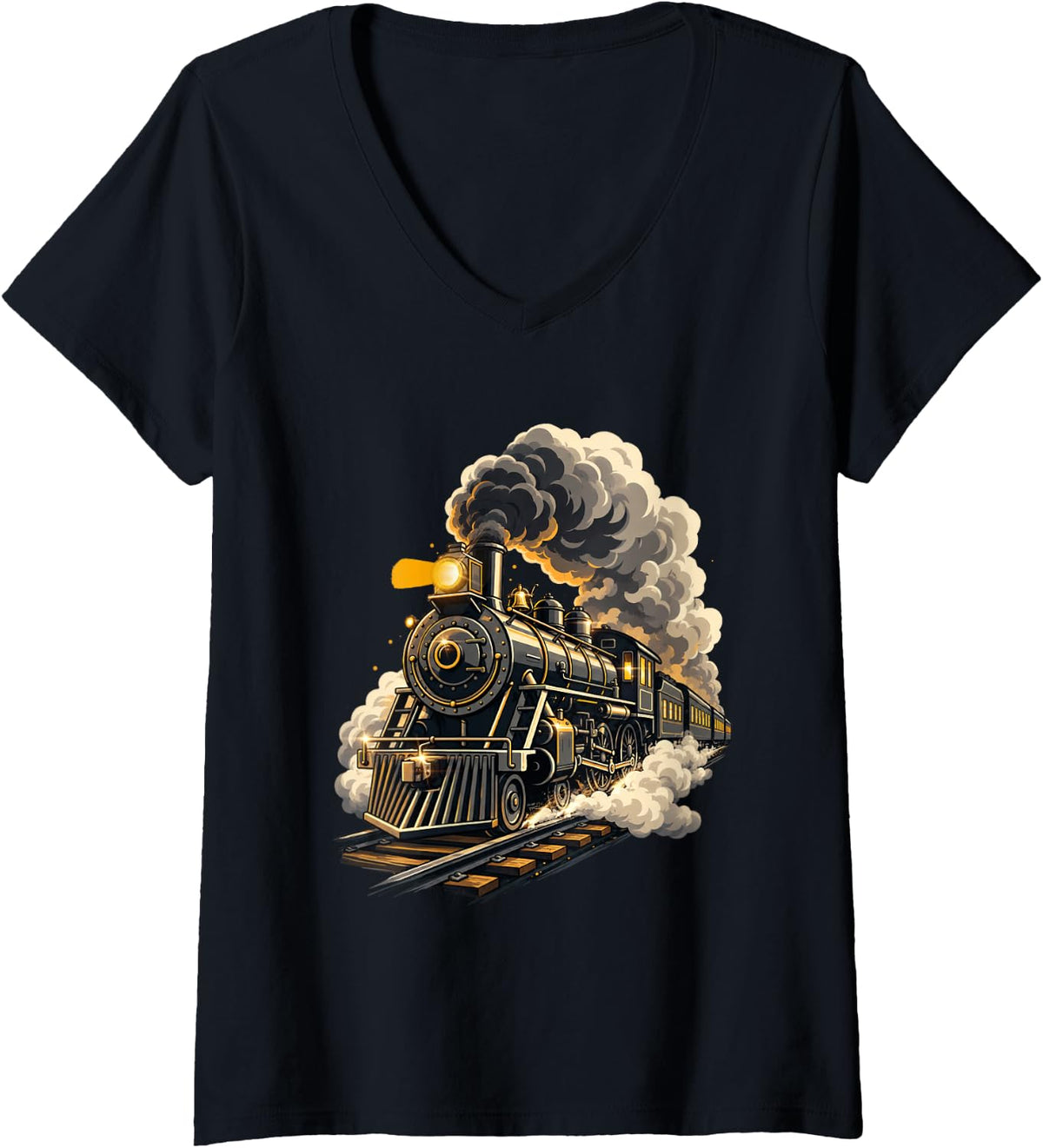 Women's Steam Engine Train - Train Lover Railroad Steam Locomotive V-Neck T-Shirt - Black