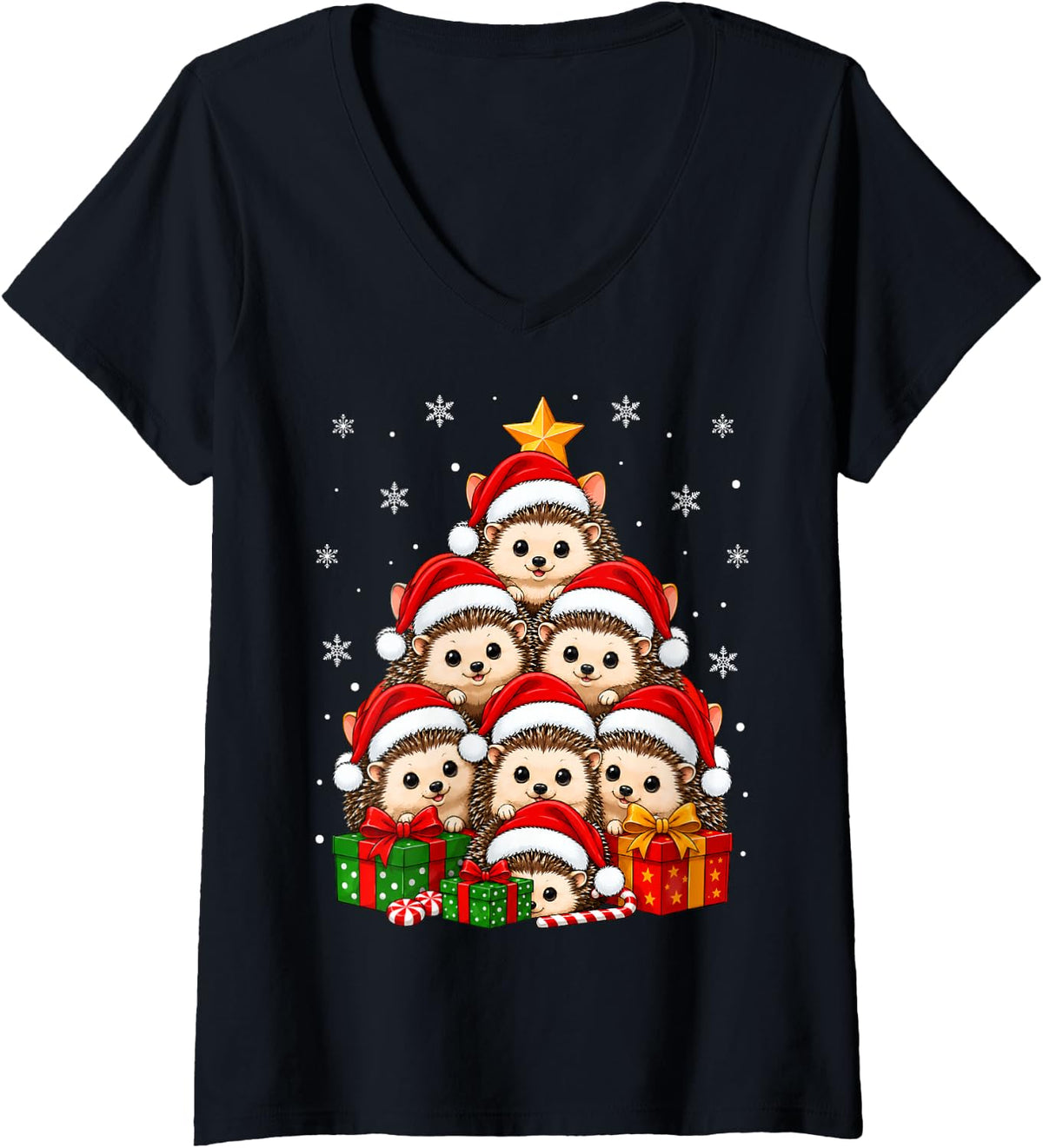 Women's Hedgehog Christmas Tree Cute Animal Festive Santa Xmas V-Neck T-Shirt - Black