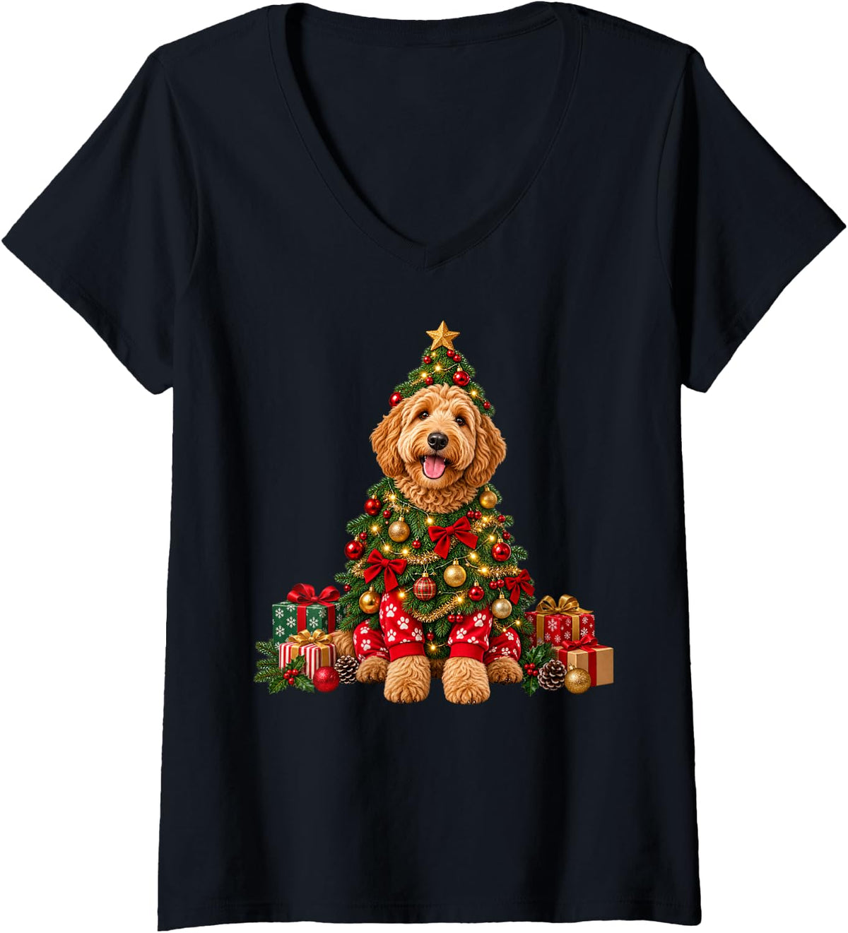 Women's Goldendoodle Christmas Tree Costume Festive Holiday Art V-Neck T-Shirt - Black