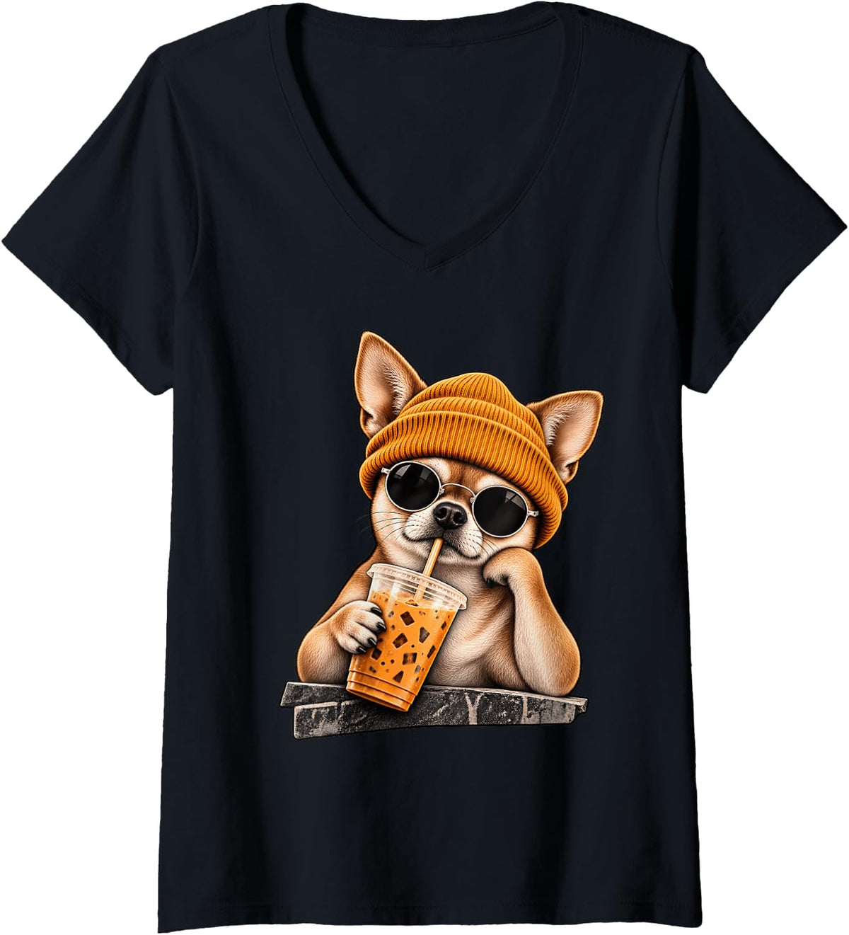 Women's Funny Chihuahua Hipster Drinking Iced Coffee Sunglasses V-Neck T-Shirt - Black