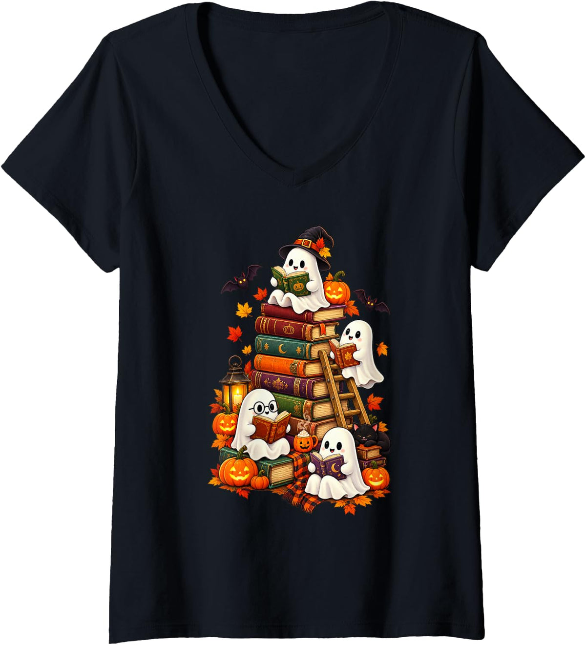 Women's Ghost Reading Book Lovers Black Cat Halloween Autumn Fall V-Neck T-Shirt - Black