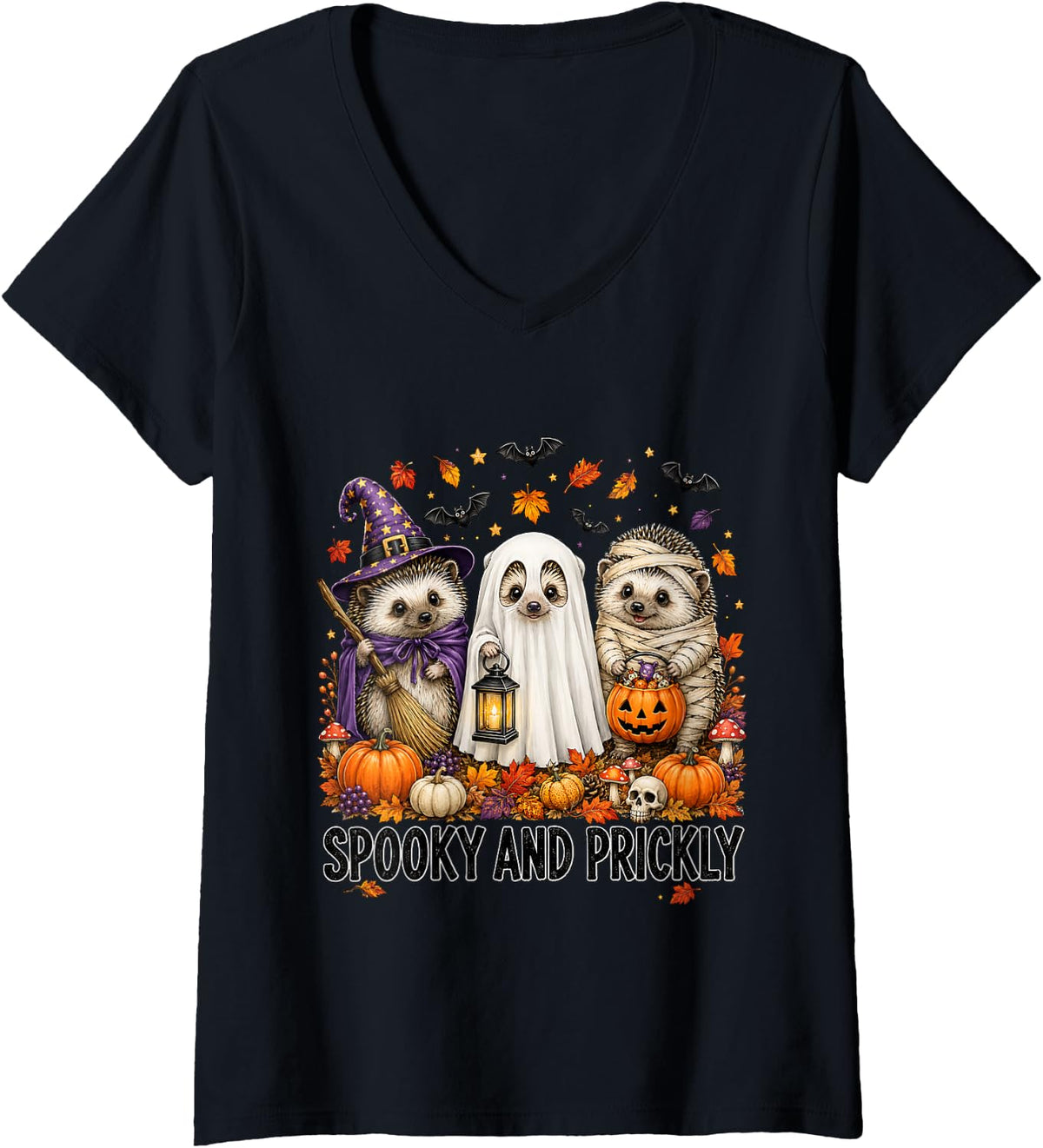 Women's Cute Hedgehog Halloween Witch Ghost Mummy Hedgehog Lovers V-Neck T-Shirt - Black