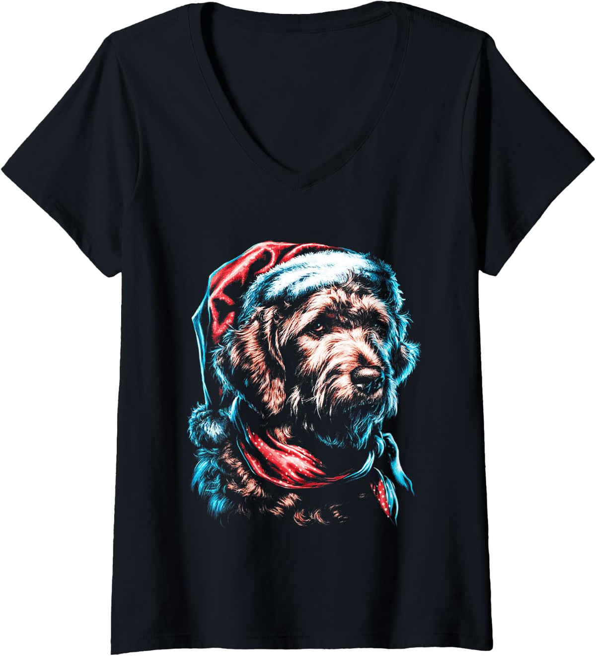 Women's Retro Christmas Goldendoodle with Santa Hat 90s Dog Xmas V-Neck T-Shirt - Black