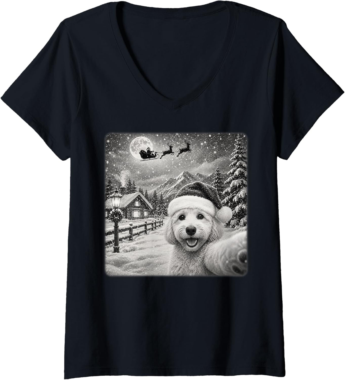Women's Xmas Moon Night Santa Sleigh Goldendoodle Dog Christmas V-Neck T-Shirt - Black
