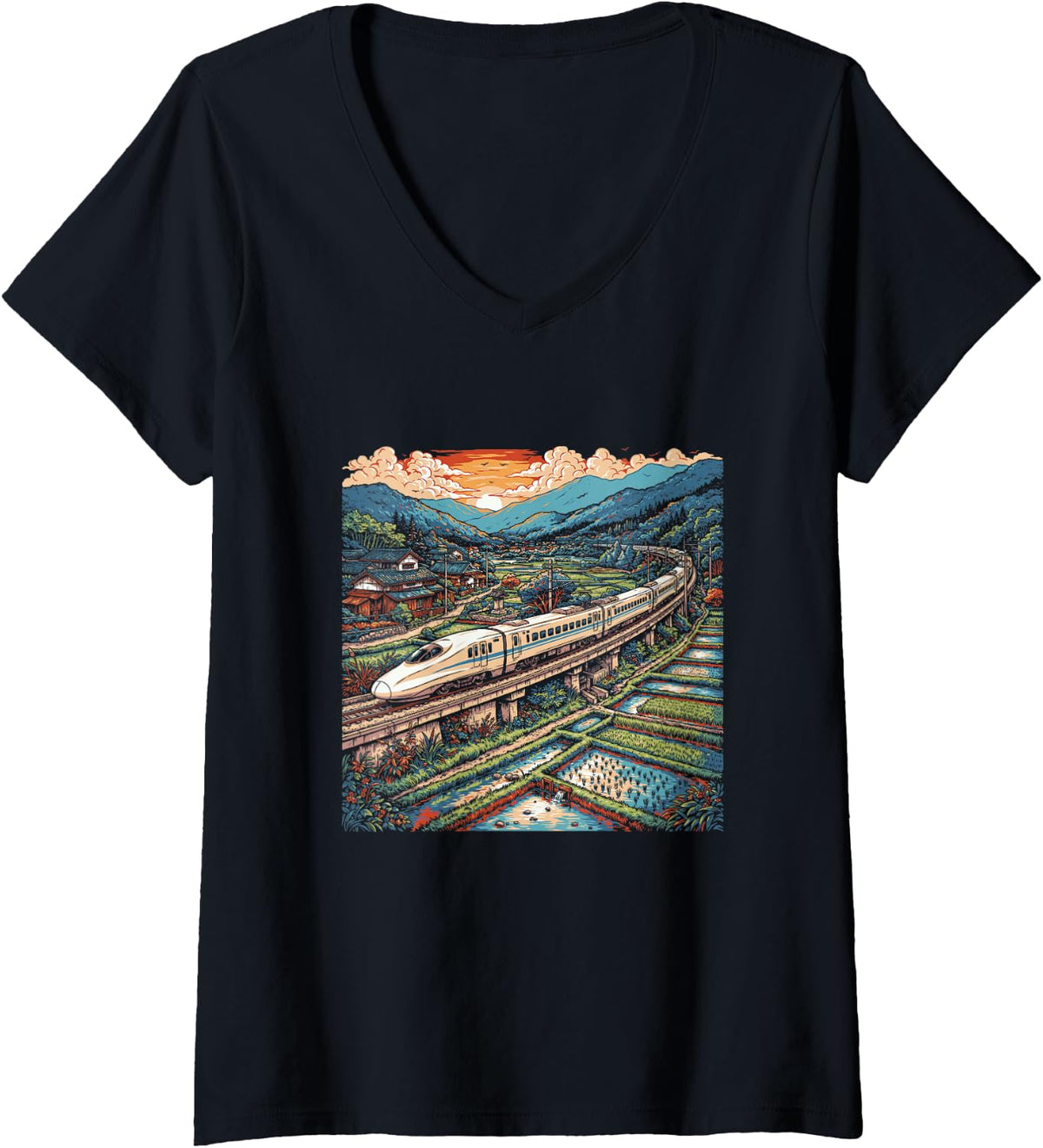 Women's Japanese Shinkansen Scenic Countryside Rail Journey Souvenir V-Neck T-Shirt - Black