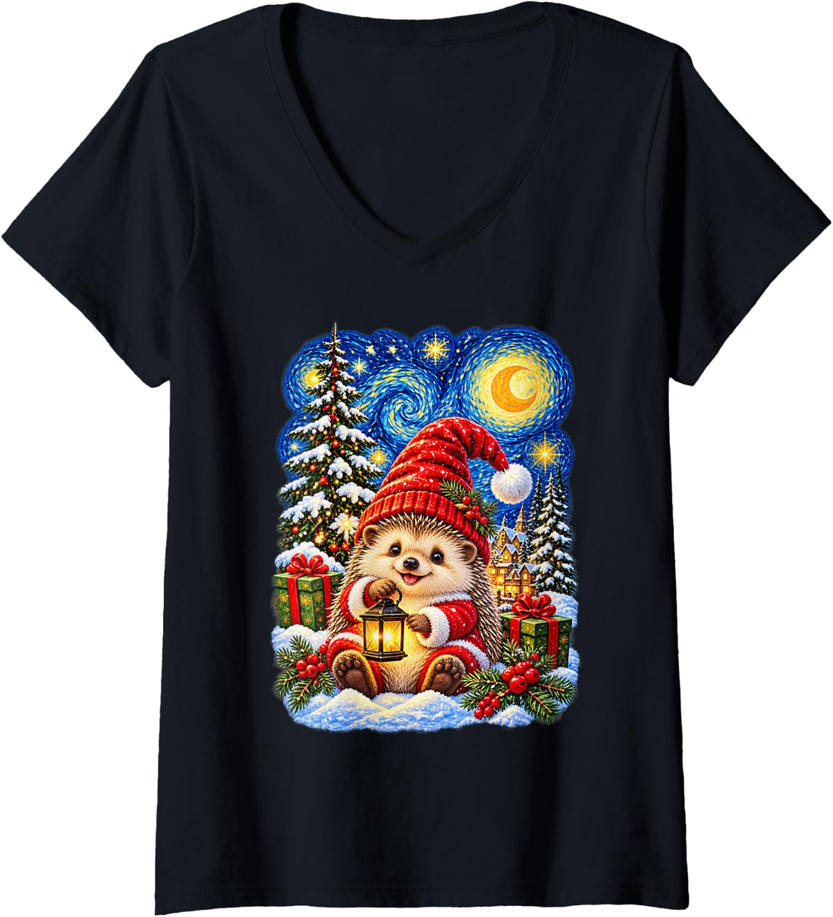 Women's Christmas Hedgehog Van Gogh Starry Sky for Men Women V-Neck T-Shirt - Black