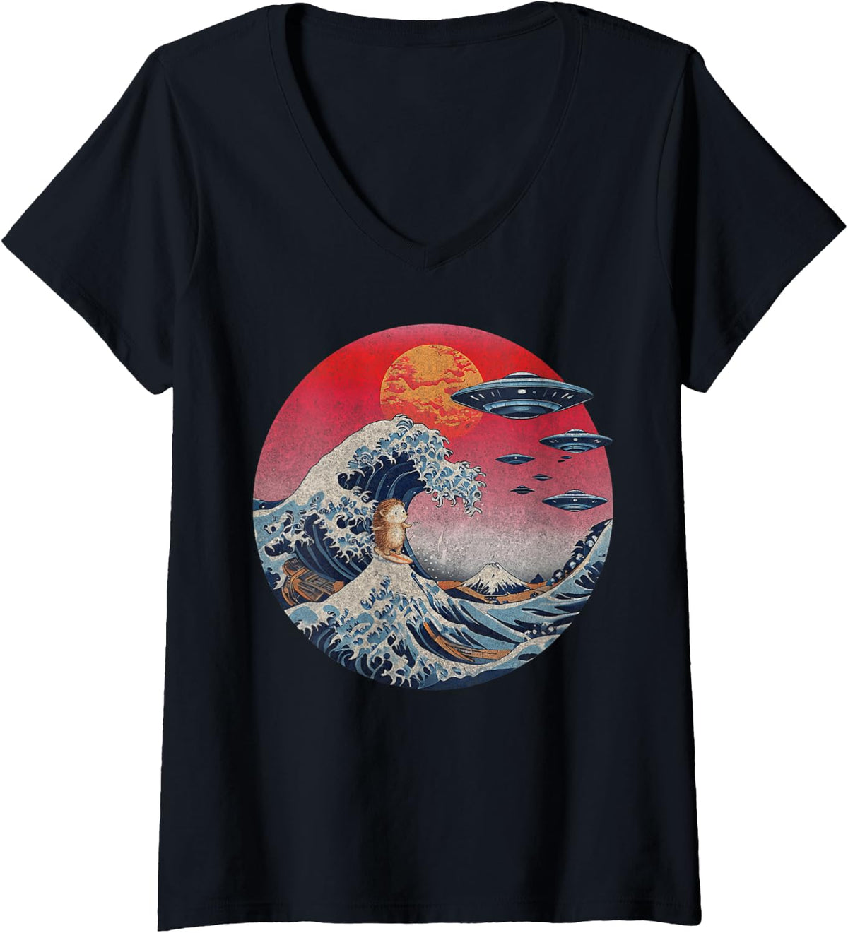 Women's Great Wave Off Kanagawa Japanese UFO Flying Saucers Hedgehog V-Neck T-Shirt - Black