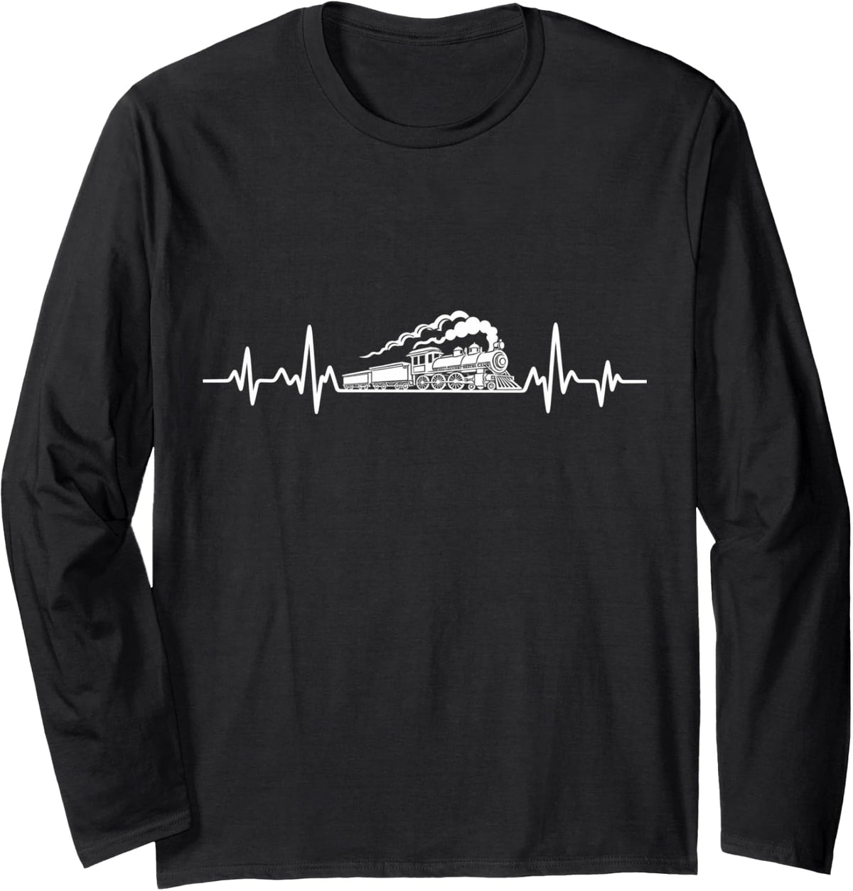 Train, Heartbeat, Steam Locomotive Railroad Lover Long Sleeve T-Shirt - Adult Unisex Black