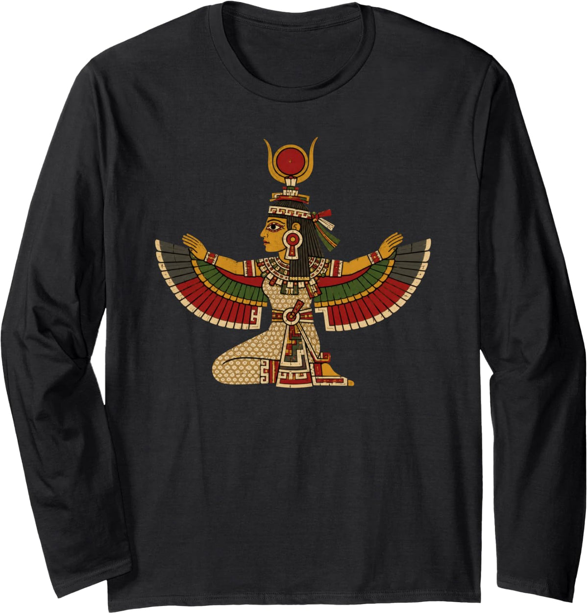 Aztec Egyptian Isis Goddess Hybrid Mythical Long Sleeve T-Shirt - Adult Unisex Black