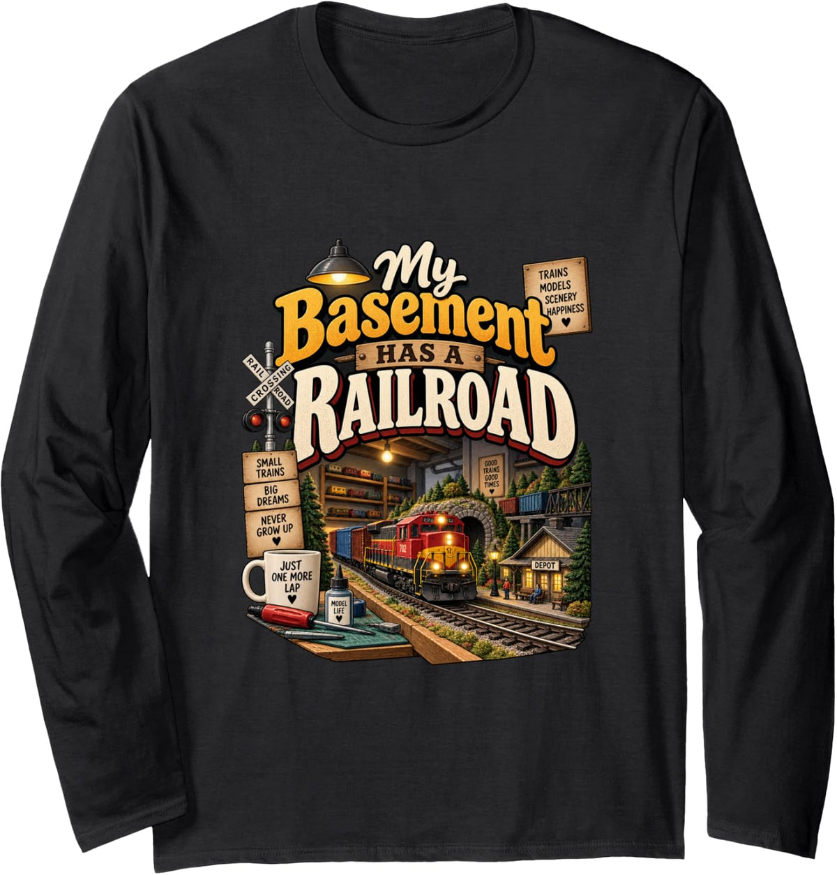 My Basement Has A Railroad Model Train Hobbyist Long Sleeve T-Shirt - Adult Unisex Black