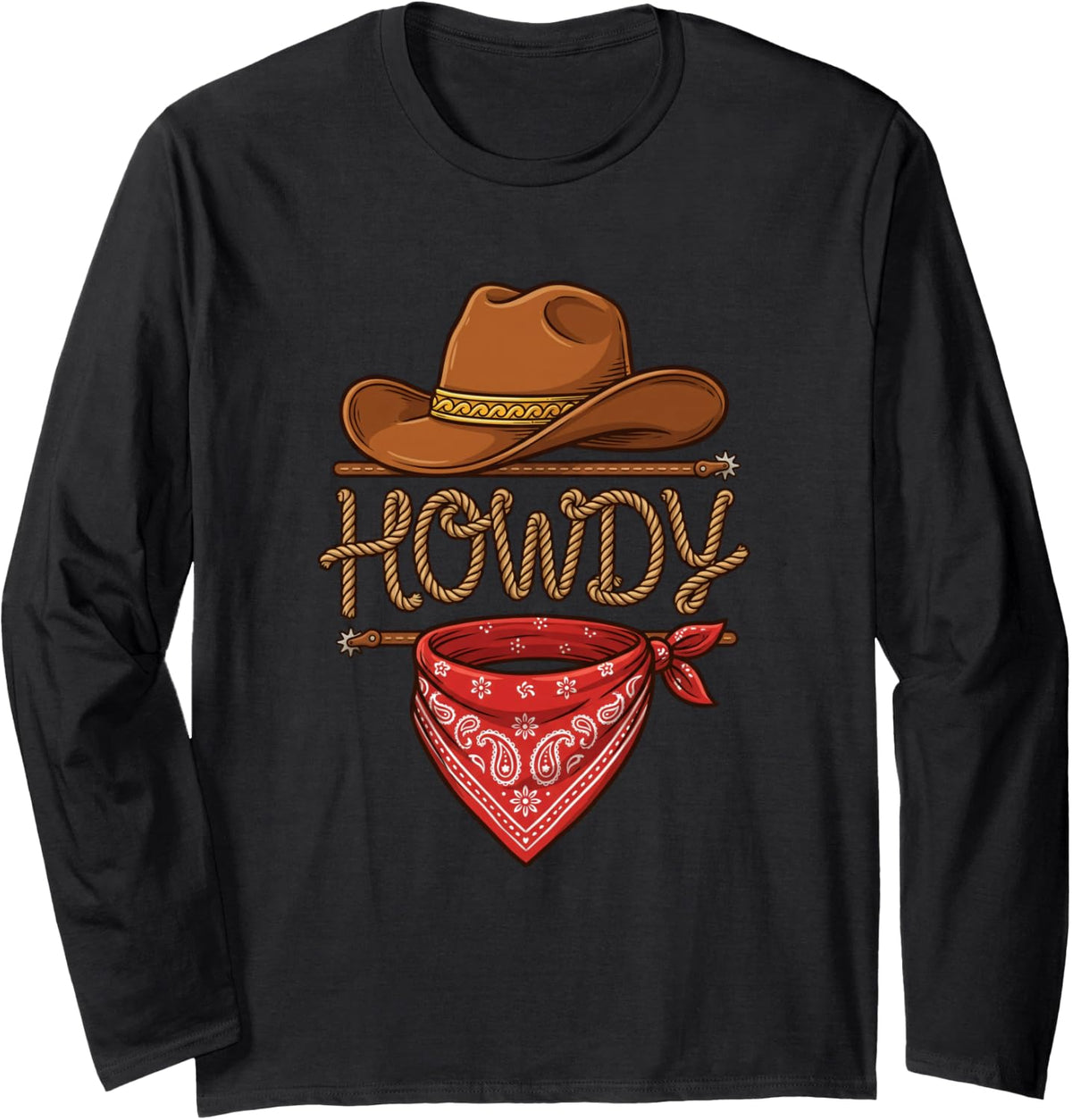 Howdy Western Cowboy Hat Red Bandana Rodeo Country Long Sleeve T-Shirt - Adult Unisex Black