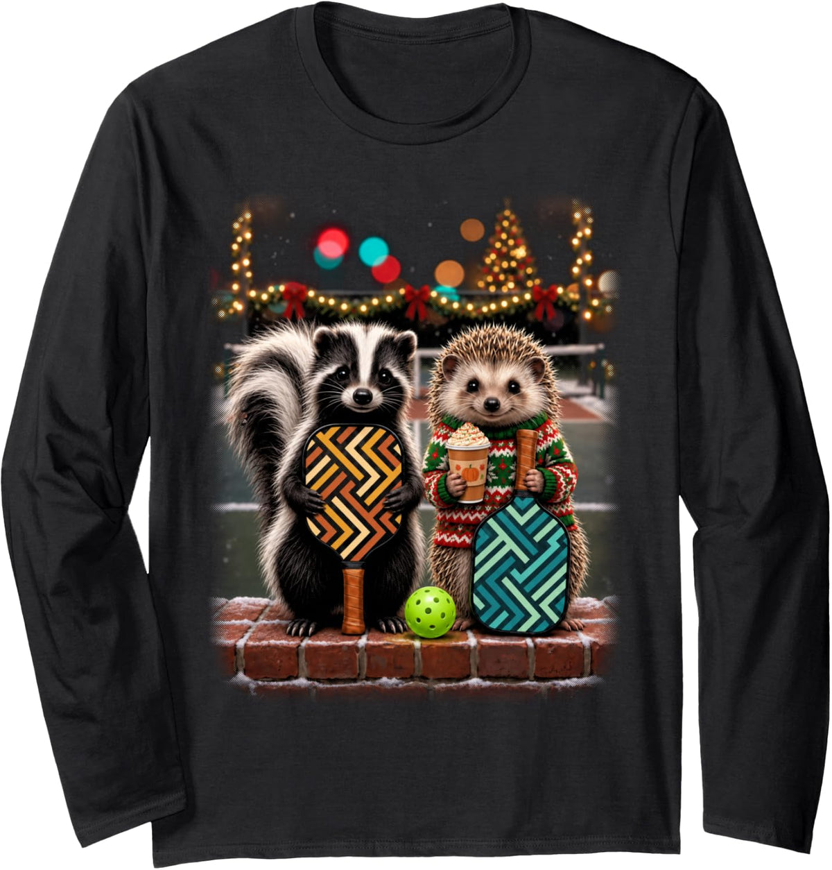 Ugly Christmas Sweater Pickleball Skunk Hedgehog Long Sleeve T-Shirt - Adult Unisex Black