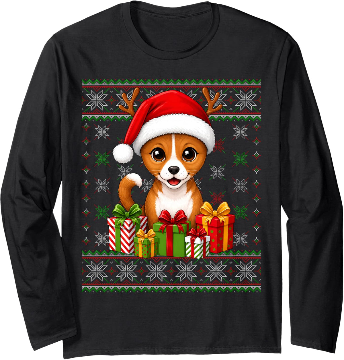 Basenji Dog Christmas Ugly Sweaters Festive Pet Love Xmas Long Sleeve T-Shirt - Adult Unisex Black