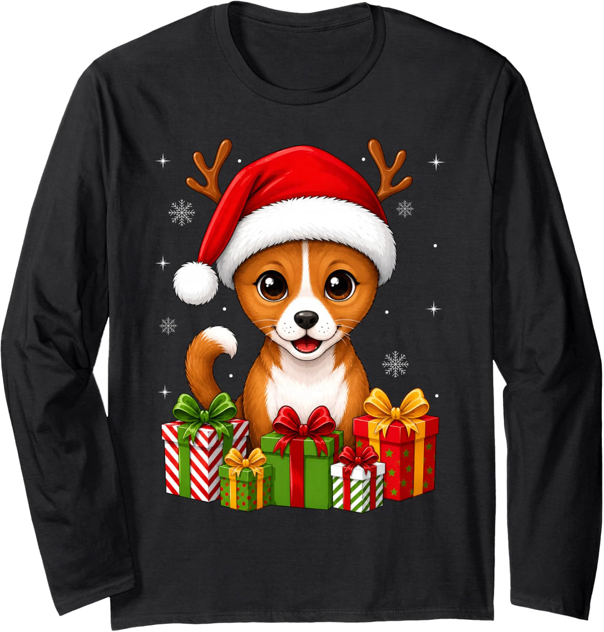 Xmas Decor Cute Festive Santa Hat Basenji Dog Christmas Long Sleeve T-Shirt - Adult Unisex Black