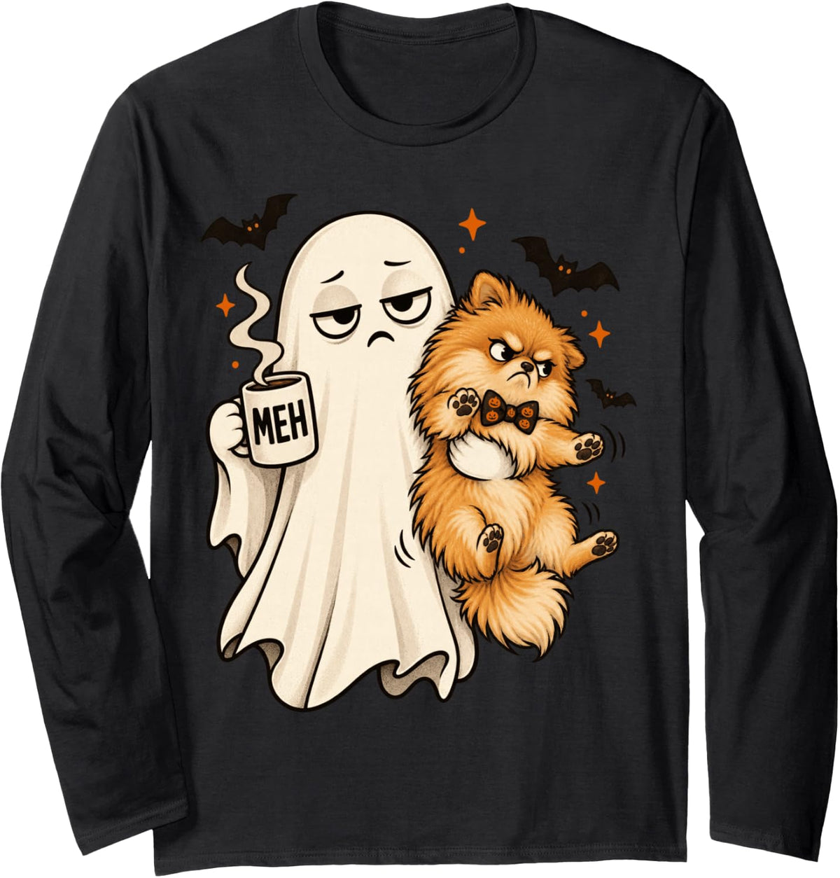 Grumpy Ghost & Pomeranian Holding Coffee Spooky Dog Long Sleeve T-Shirt - Adult Unisex Black