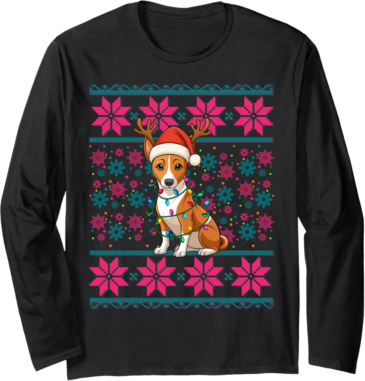 Reindeer Santa Hat Ugly Christmas Lights Basenji Dog Girls Long Sleeve T-Shirt - Adult Unisex Black