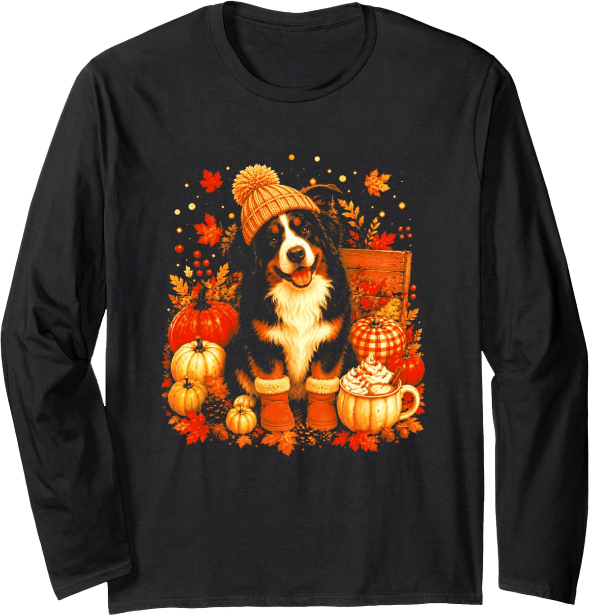 Bernese Mountain Dog Pumpkin Fall Autumn Long Sleeve T-Shirt - Adult Unisex Black