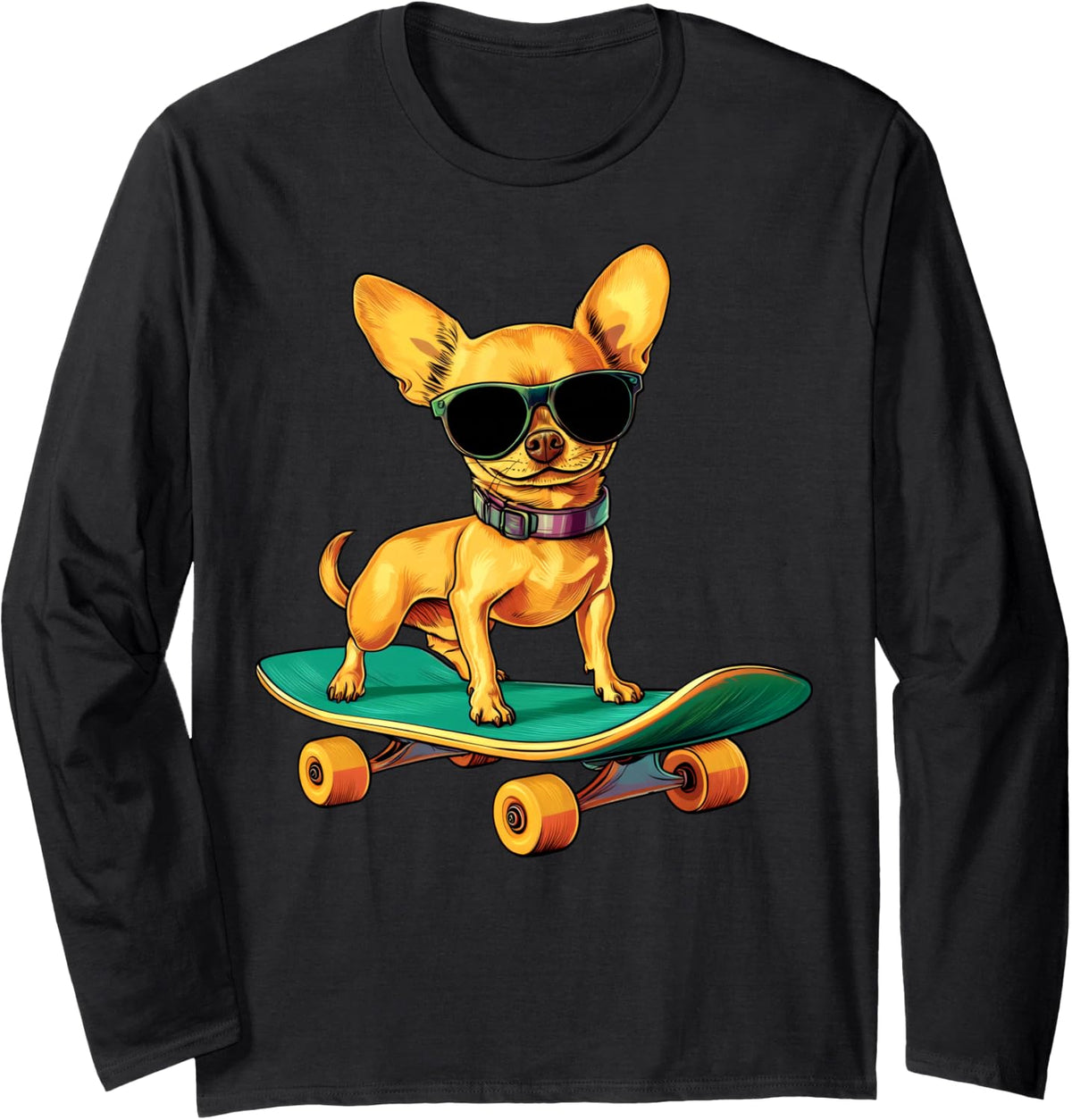 Chihuahua Skateboard Long Sleeve T-Shirt - Adult Unisex Black