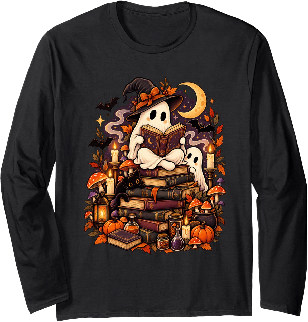 Ghost Book Lover Stack Halloween for Men Women Long Sleeve T-Shirt - Adult Unisex Black