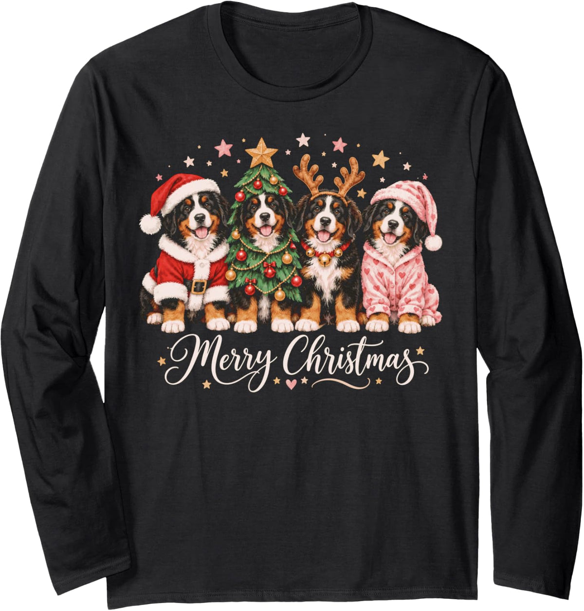 Christmas Bernese Mountain Dogs Santa Reindeer Pajama Squad Long Sleeve T-Shirt - Adult Unisex Black