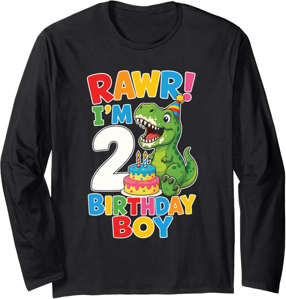 Dinosaur 2nd Birthday Boy Rawr I'm 2 T Rex Two Year Old Long Sleeve T-Shirt - Adult Unisex Black