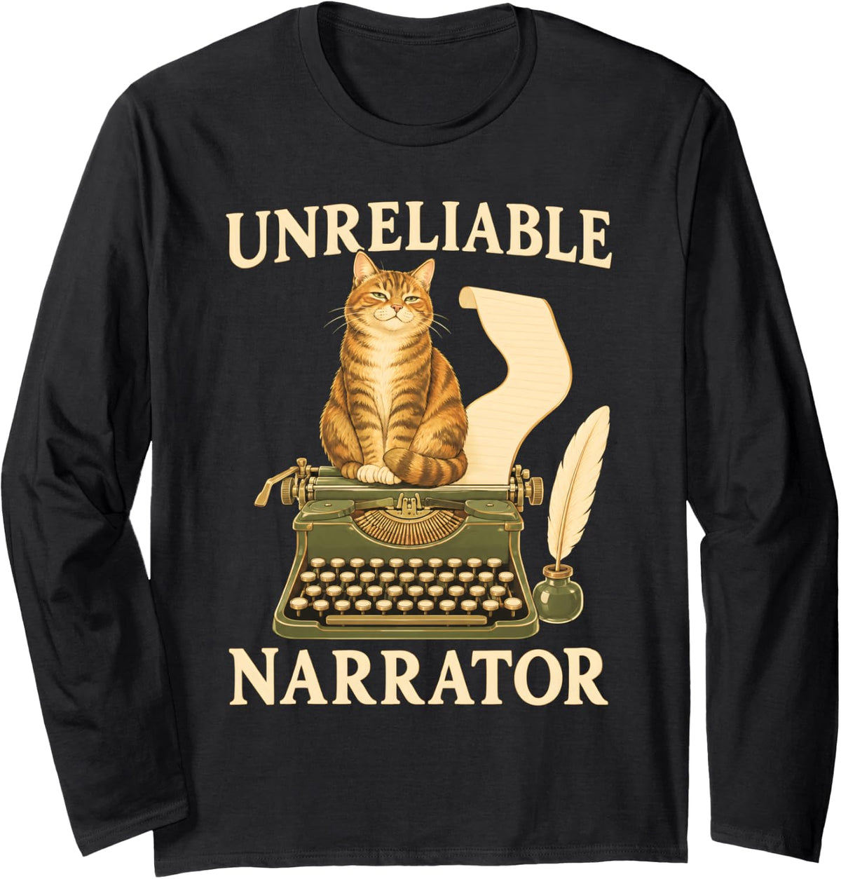 Unreliable Narrator Typewriter Cat Writer Author Long Sleeve T-Shirt - Adult Unisex Black