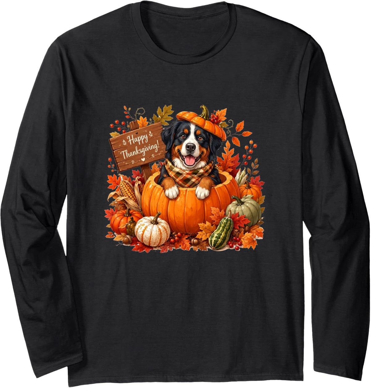 Bernese Mountain Inside Pumpkin Fall Leaves Thanksgiving Long Sleeve T-Shirt - Adult Unisex Black