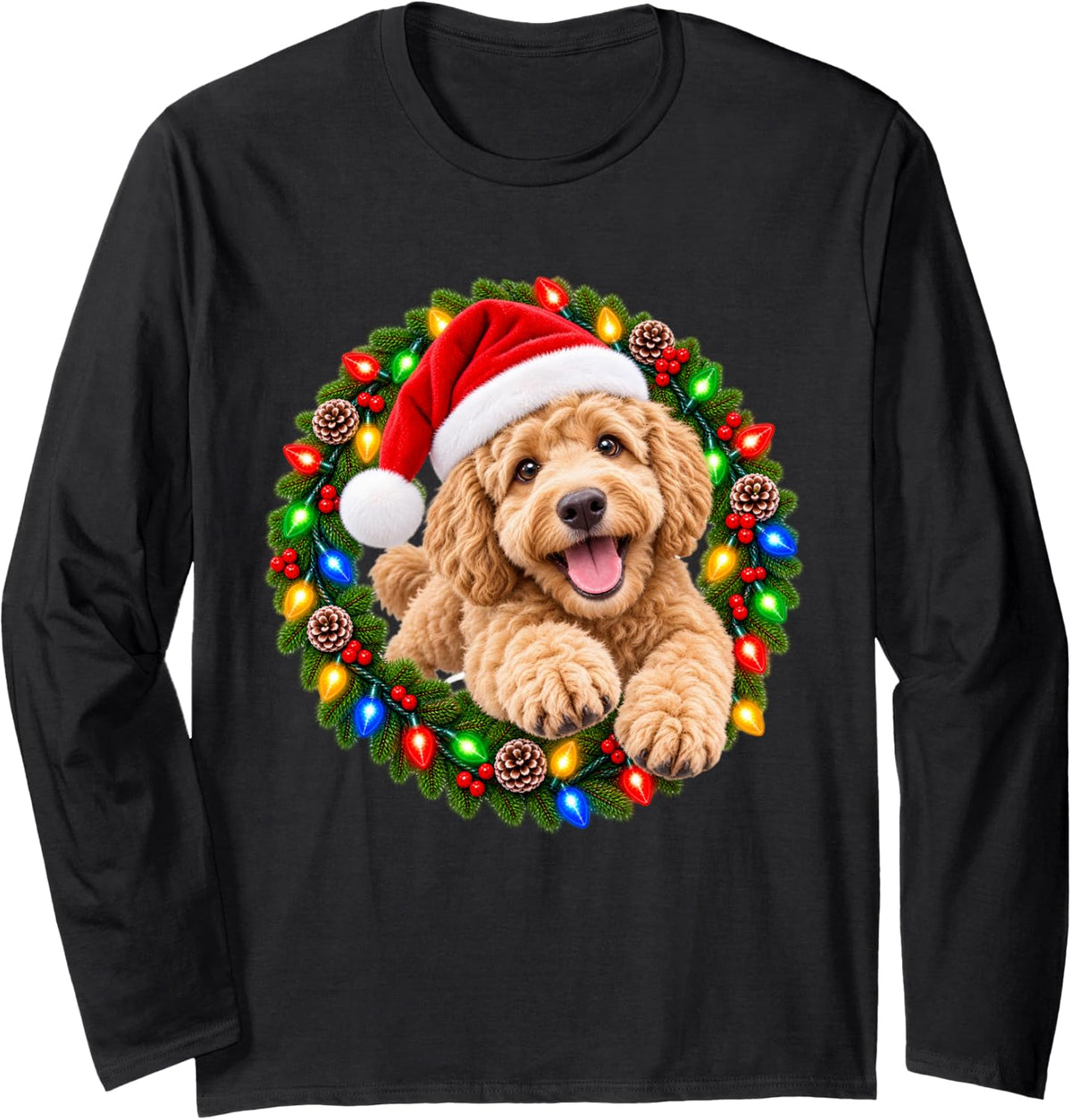 Goldendoodle Christmas Jumping Through Wreath Santa Dog Long Sleeve T-Shirt - Adult Unisex Black