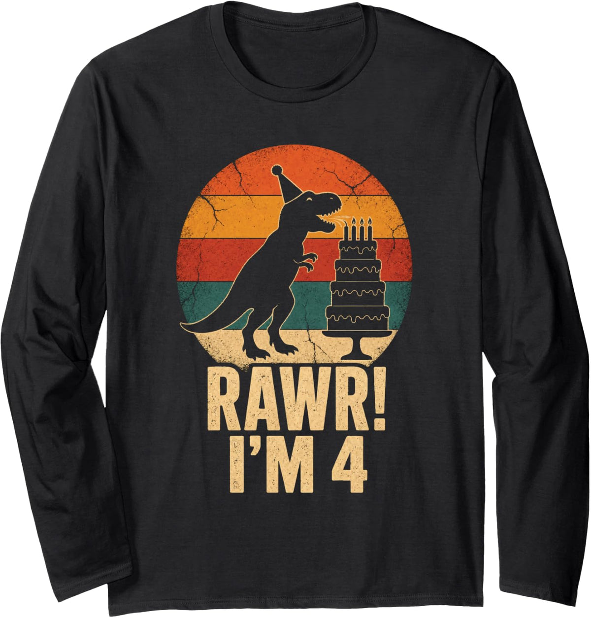 Dinosaur Birthday Boy Rawr I'm 4 T Rex Retro Sunset Long Sleeve T-Shirt - Adult Unisex Black