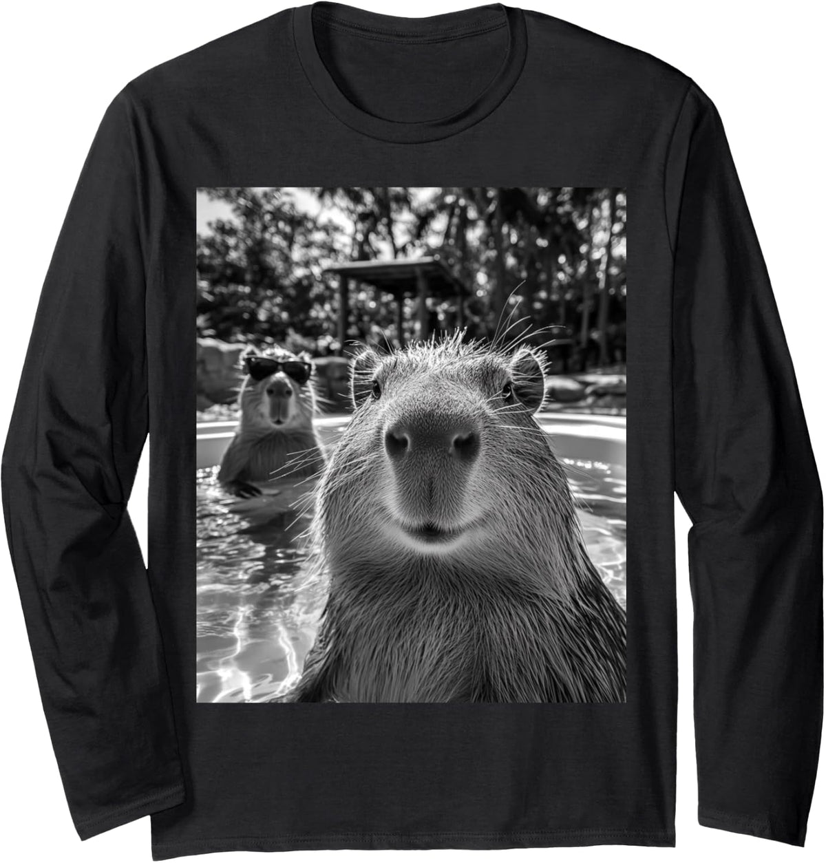 Cool Capybara Selfie Long Sleeve T-Shirt - Adult Unisex Black
