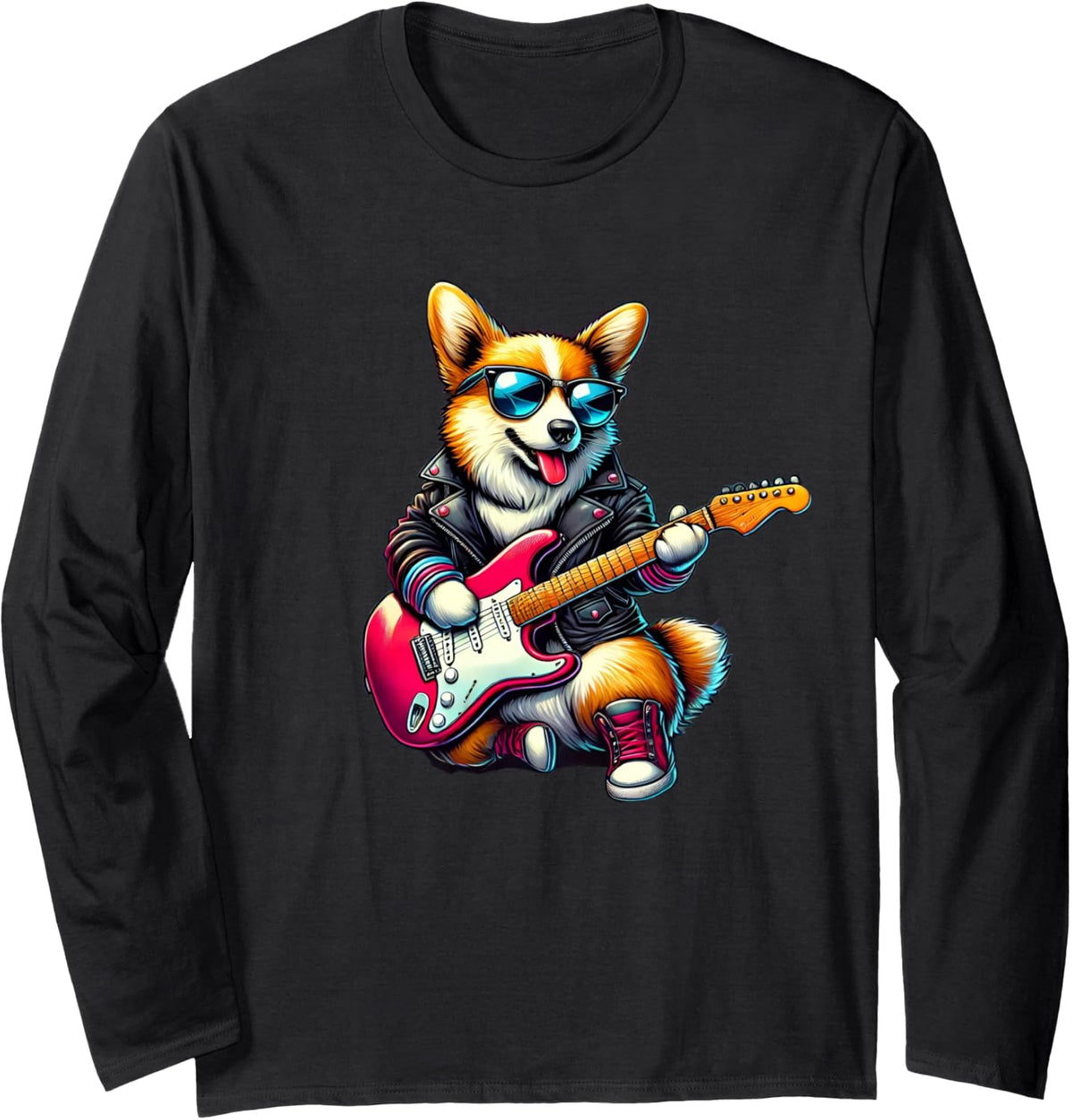 Pembroke Welsh Corgi Electric Guitar Funny Dog Rock Band Long Sleeve T-Shirt - Adult Unisex Black