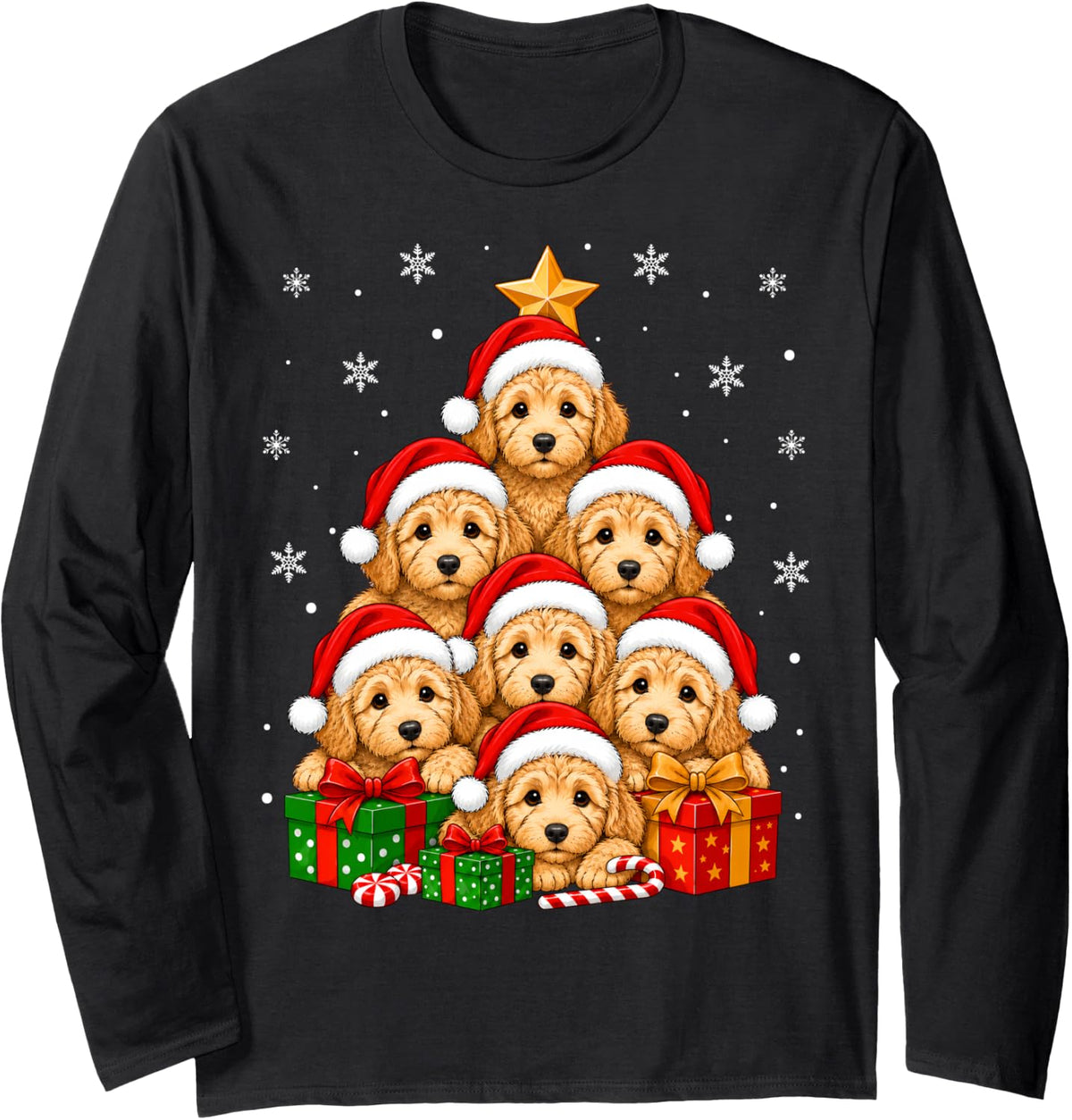 Goldendoodle Dog Christmas Tree Cute Festive Dogs Xmas Long Sleeve T-Shirt - Adult Unisex Black