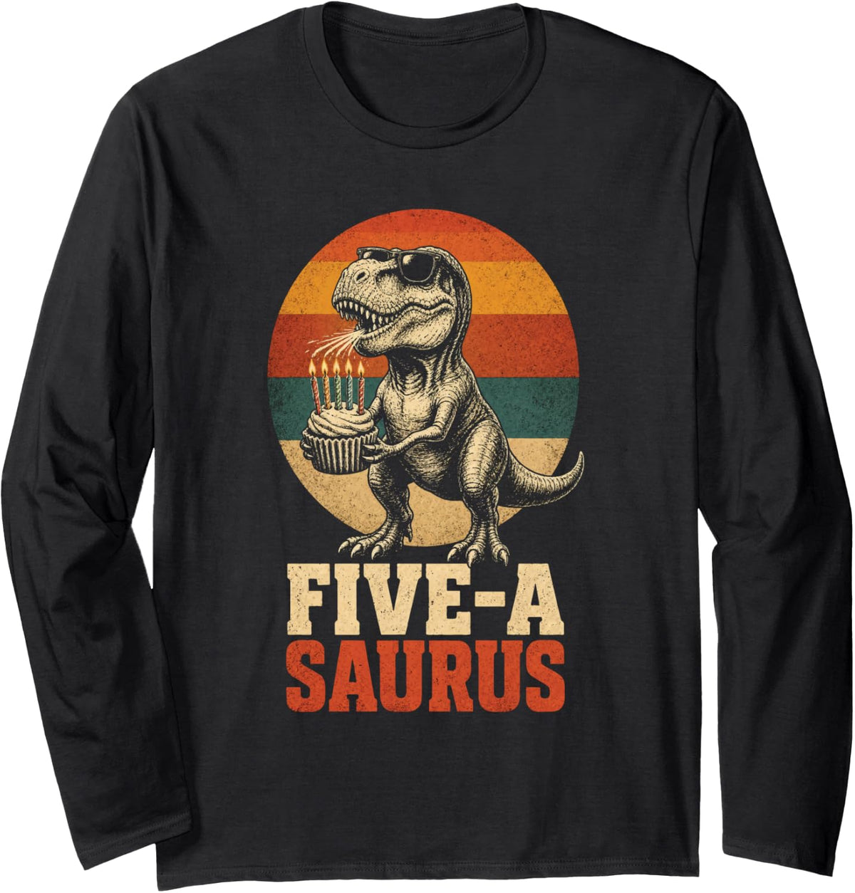 Dinosaur Birthday Boy Five-A-Saurus T Rex 5 Year Old Long Sleeve T-Shirt - Adult Unisex Black