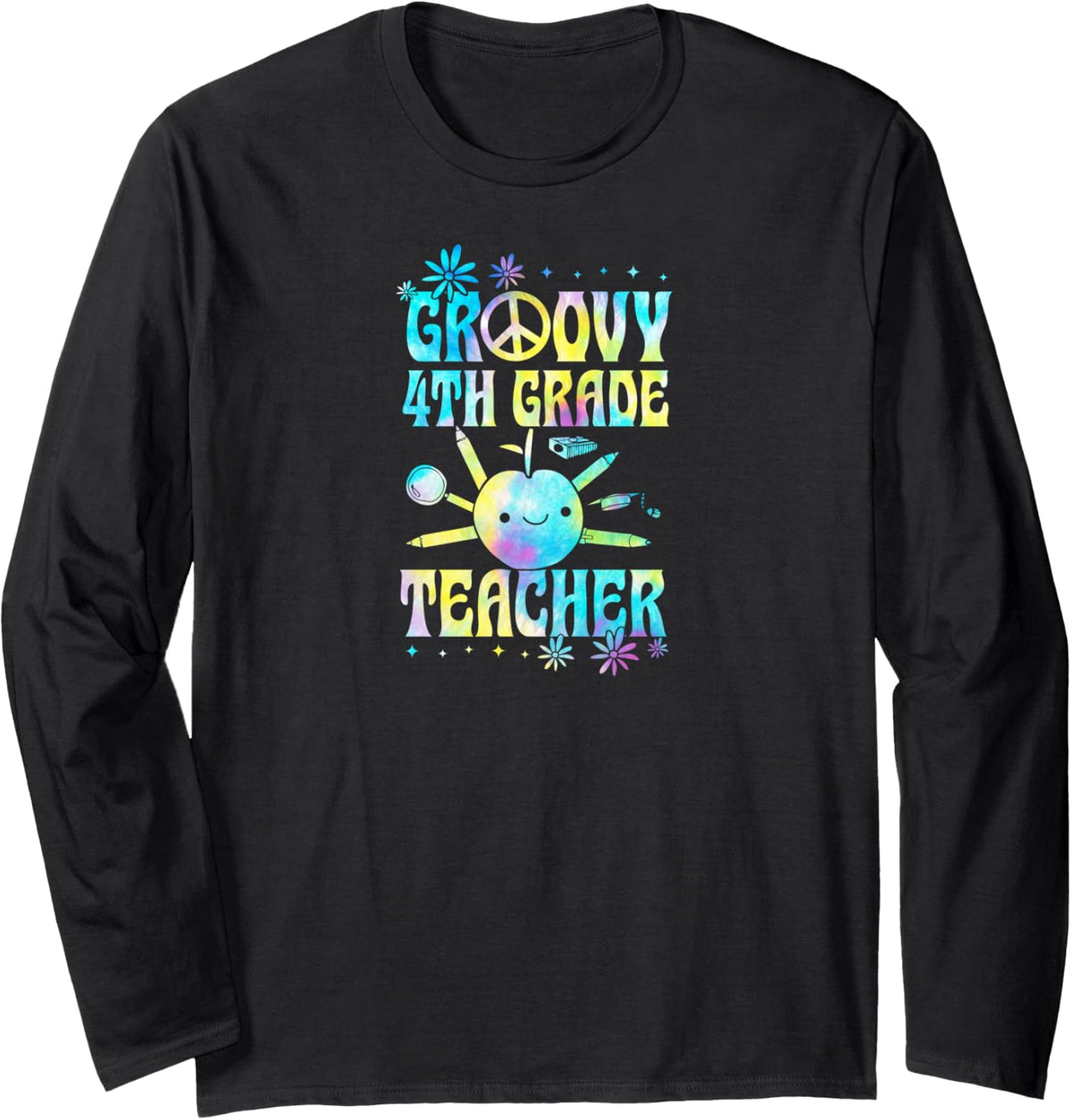 Groovy 4th Grade Teacher 60s Throwback Day Peace Flower Long Sleeve T-Shirt - Adult Unisex Black