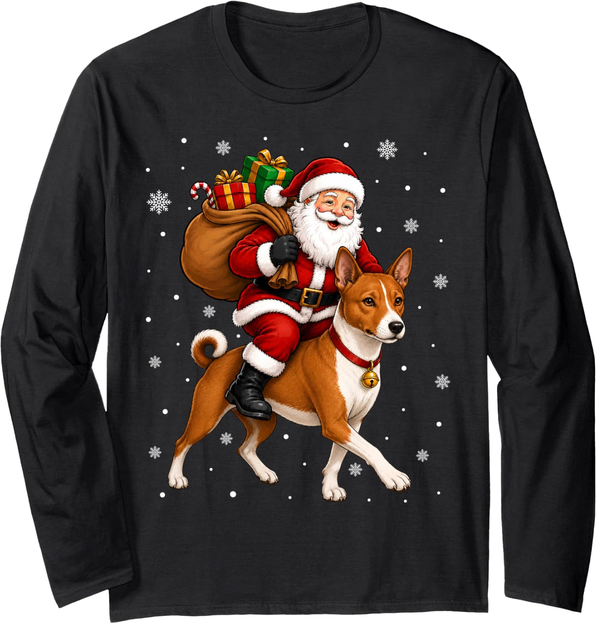 Festive Holiday Funny Santa Riding Basenji Dog Christmas Long Sleeve T-Shirt - Adult Unisex Black