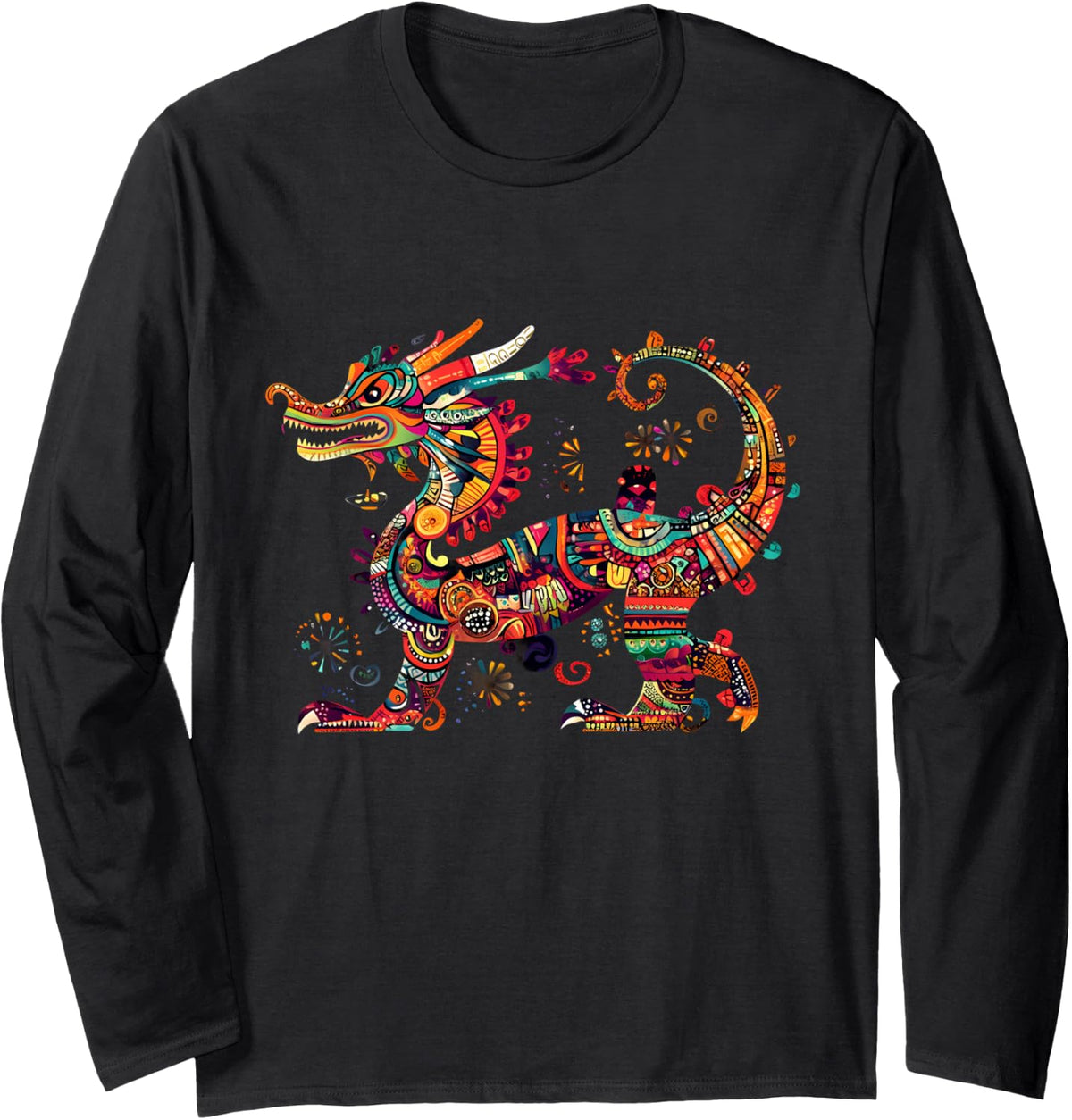 Aztec Mexican Mythology Feathered Serpent Artwork Dragon Long Sleeve T-Shirt - Adult Unisex Black