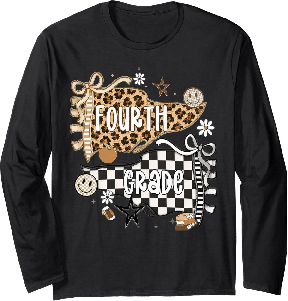 Fourth Grade Leopard Teacher Pennant Flag Back to School Long Sleeve T-Shirt - Adult Unisex Black