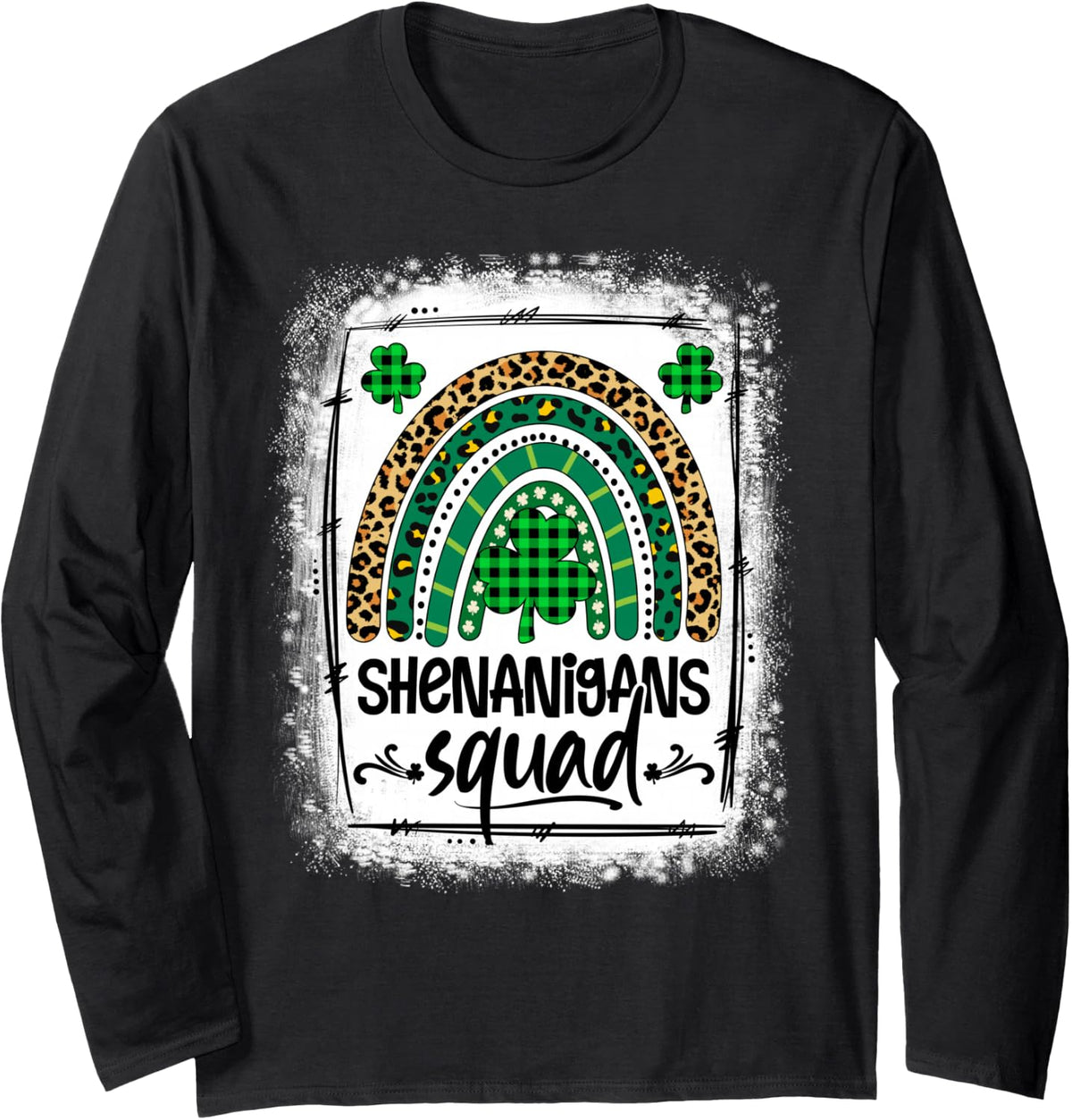 Shenanigans Squad Leopard Rainbow Shamrock St Patrick's Day Long Sleeve T-Shirt - Adult Unisex Black