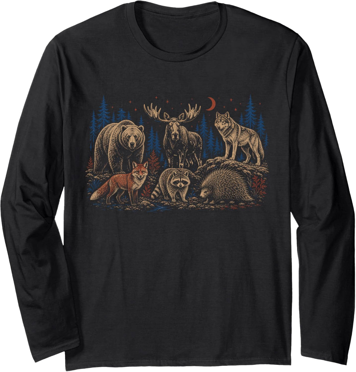 Forest Animals Bear Moose Wolf Fox Raccoon Hedgehog Long Sleeve T-Shirt - Adult Unisex Black